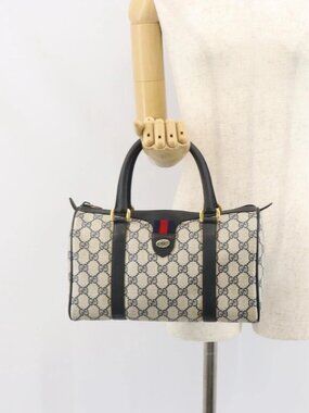 GUCCI GG Supreme Sherry Line Boston Bag PVC Navy Gold Red 111 02 006 Auth 163624